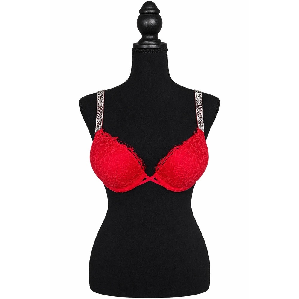 Victoria's Secret Bombshell Add-2-Cups Shine Strap Lace Push-Up Bra RED 32A